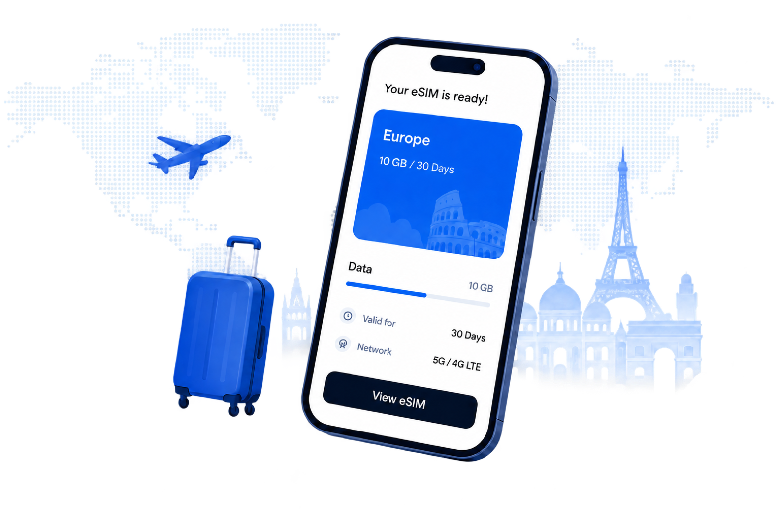 JETZIO travel eSIM on a phone beside a blue suitcase and international landmarks